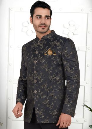 Black Woven Mens Bandhgala Jodhpuri Jacket