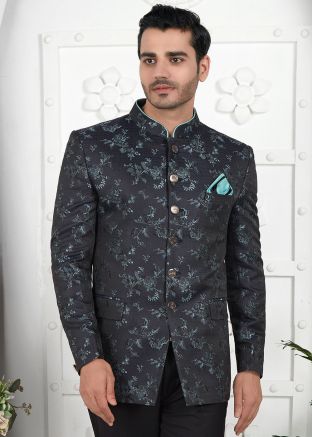 Black Mens Bandhgala Jodhpuri Jacket In Woven Work