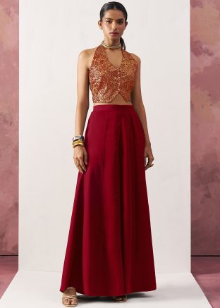 Red Zari Woven Tom & Bottom In Crape