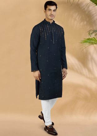 Blue Embroidered Kurta Pajama In Art Silk