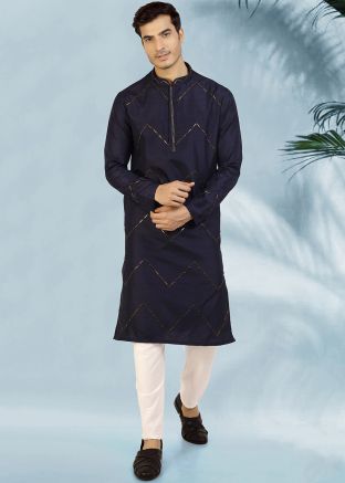 Blue Embroidered Kurta Pajama In Art Silk