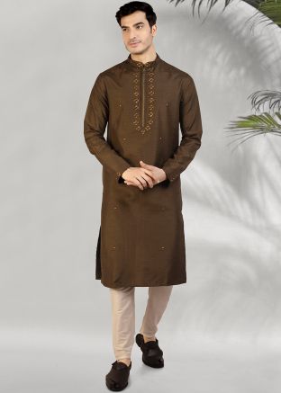 Brown Embroidered Kurta Pajama In Art Silk