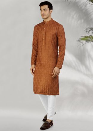 Brown Embroidered Kurta Pajama In Chanderi