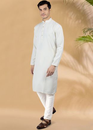 White Kurta Pajama In Art Silk