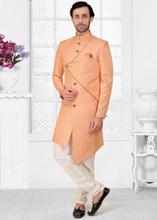 Peach Asymmetric Woven Indo Western Sherwani