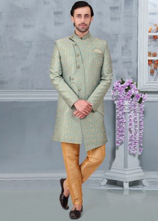 Green Asymmetric Woven Indo Western Sherwani