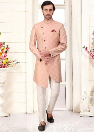 Peach Woven Indo Western Sherwani