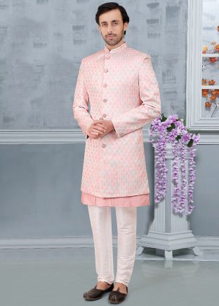 Peach Woven Indo Western Sherwani