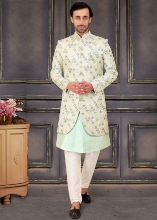 Green Woven Indo Western Sherwani
