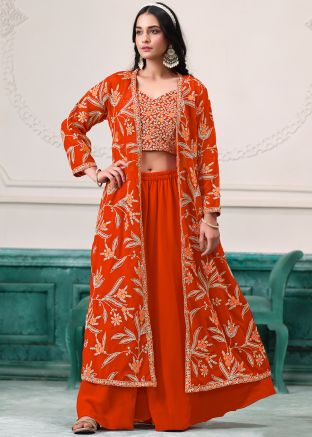 Orange Embroidered Top Bottom Set With Jacket