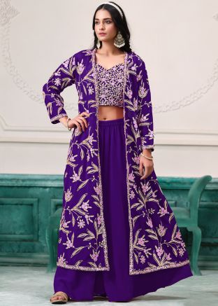 Purple Embroidered Top Bottom Set With Jacket