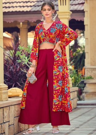 Pink Floral Printed Top Bottom Set In Silk