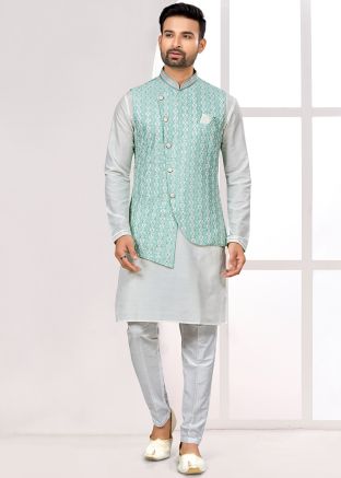 White Readymade Dupion Silk Mens Nehru Jacket & Kurta Pajama 