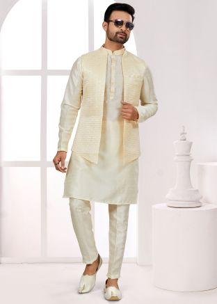 White Readymade Dupion Silk Mens Nehru Jacket & Kurta Pajama 