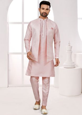 Pink Readymade Dupion Silk Mens Kurta Pajama & Nehru Jacket