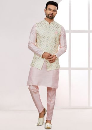 Pink Readymade Mens Kurta Pajama & Nehru Jacket In Dupion Silk