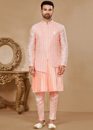Peach Readymade Dupion Silk Mens Nehru Jacket & Kurta Pajama