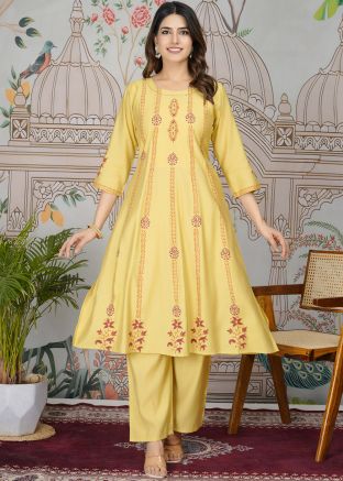 Yellow Viscose Printed Kurta Set