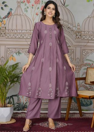 Purple Printed Kurta Set In Viscose