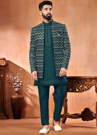 Teal Green Embroidered Kurta Pajama With Jacket