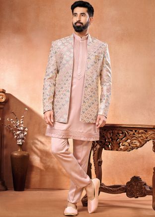 Pink Embroidered Kurta Pajama With Jacket