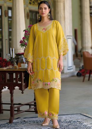 Yellow Cut Work Kurta Set In Art Silk