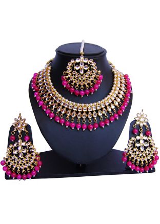 Indian Jewelry in USA - Buy Pink Golden Pearl And Kundan Indian Necklace Online