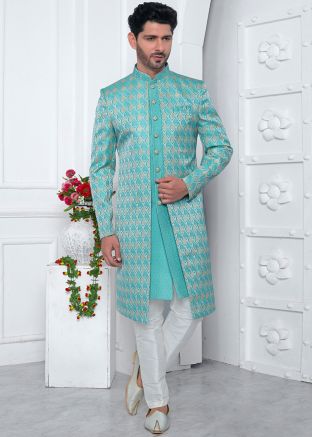 Blue Woven Readymade Mens Jacket Style Jacquard Sherwani