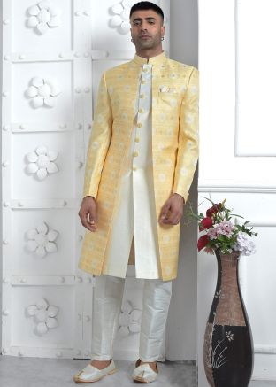 White Woven Readymade Mens Jacquard Sherwani In Jacket Style