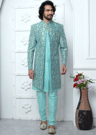 Turquoise Woven Readymade Mens Jacquard Sherwani In Jacket Style