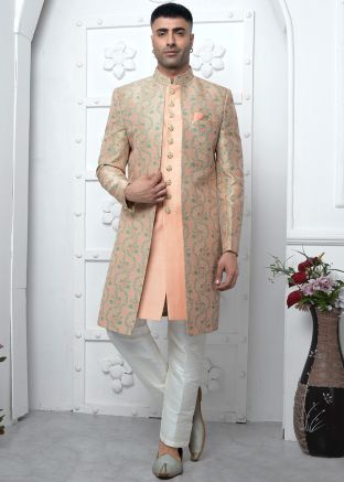 Peach Mens Jacquard Jacket Style Sherwani In Woven Work