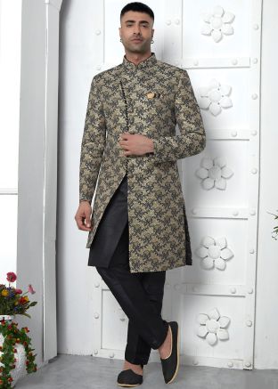 Black Mens Jacquard Jacket Style Indo western Sherwani In Woven Work
