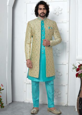 Turquoise Woven Readymade Mens Jacquard Sherwani In Jacket Style
