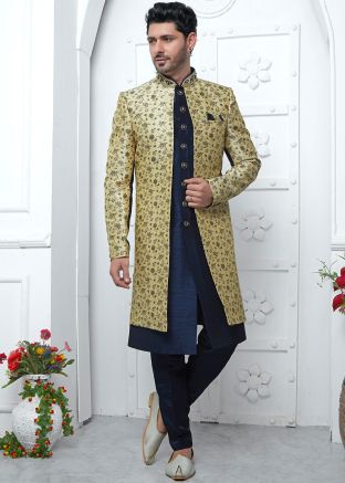 Blue Woven Readymade Mens Jacket Style Sherwani In Jacquard