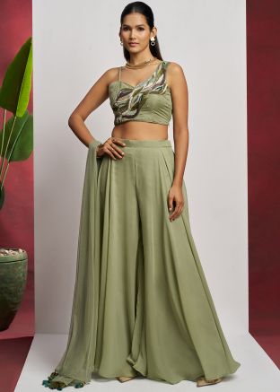 Green Embroidered Top & Bottom Set In Georgette