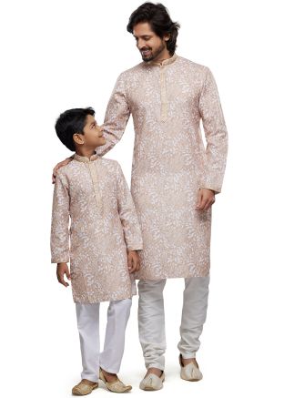 Beige Father & Son Digital Printed Cotton Kurta Pajama