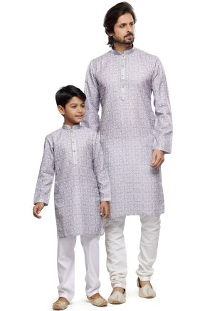 Light Purple Father Son Digital Printed Cotton Kurta Pajama 