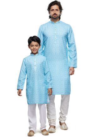 Blue Father & Son Cotton Kurta Pajama In Digital Print