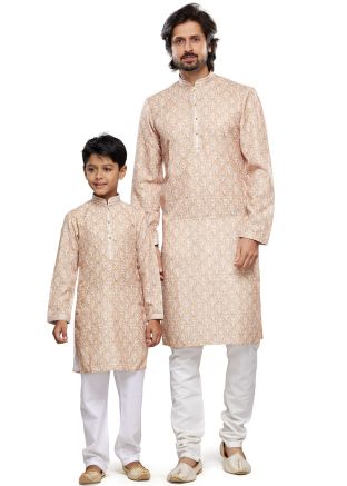 Readymade Father Son Cotton Kurta Pajama In Brown