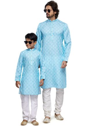 Blue Father & Son Cotton Digital Printed Kurta Pajama 