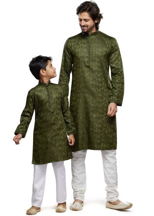 Green Father & Son Art Silk Kurta Pajama In Print