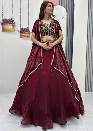Maroon Embroidered Skirt  Set With Jacket