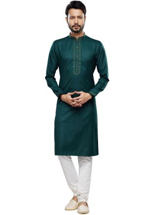 Green Embroidered Kurta Pajama In Art Silk