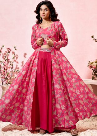 Pink Digital Print Top With Palazzo & Jacket