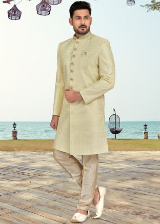 Cream Embroidered Indo Western Sherwani