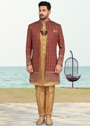 Maroon Embroidered Jacket Style Indo Western Sherwani