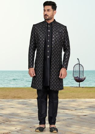 Black Embroidered Jacket Style Indo Western Sherwani