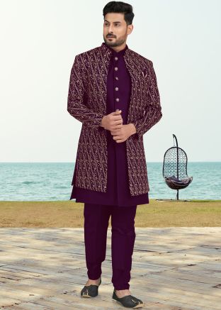 Purple Embroidered Jacket Style Indo Western Sherwani