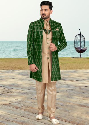 Green Embroidered Jacket Style Indo Western Sherwani