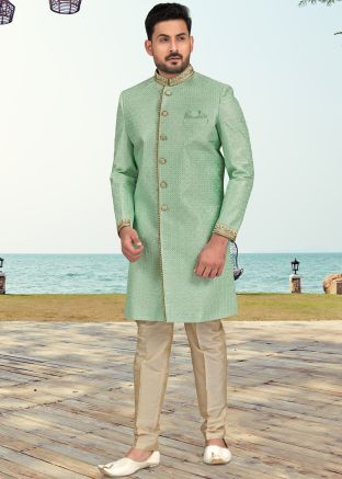 Green Embroidered Mens Indo Western Sherwani